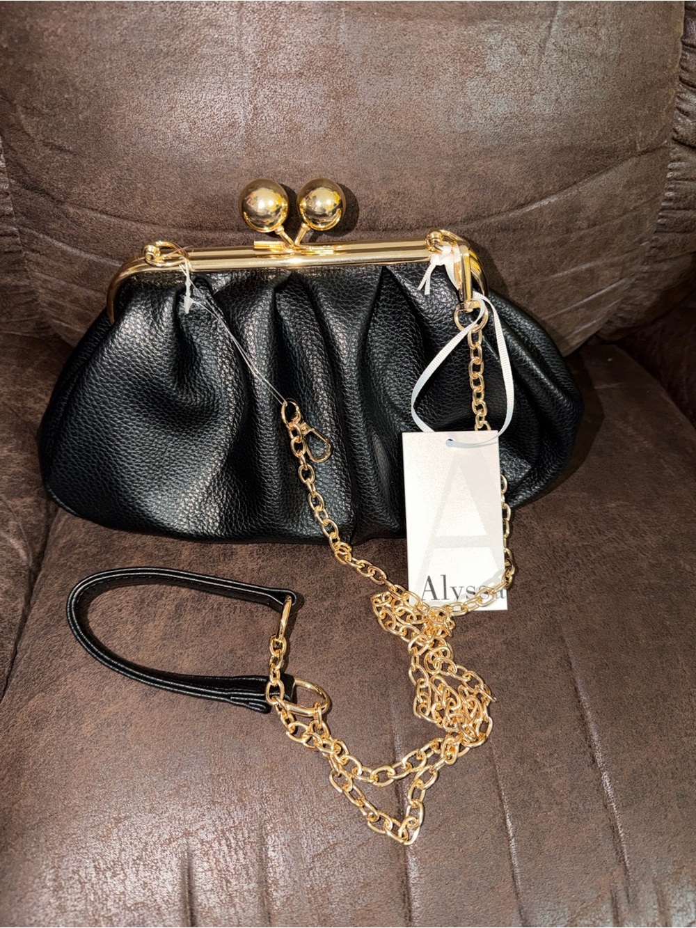 Alyssa Black Pebbled Clutch with Gold Kiss-Lock and Chain